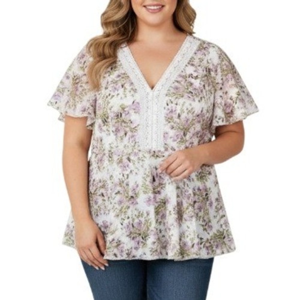 Torrid Floral Peplum Chiffon Lace Inset Top Women's 2X Romantic‎ Coquette Girly